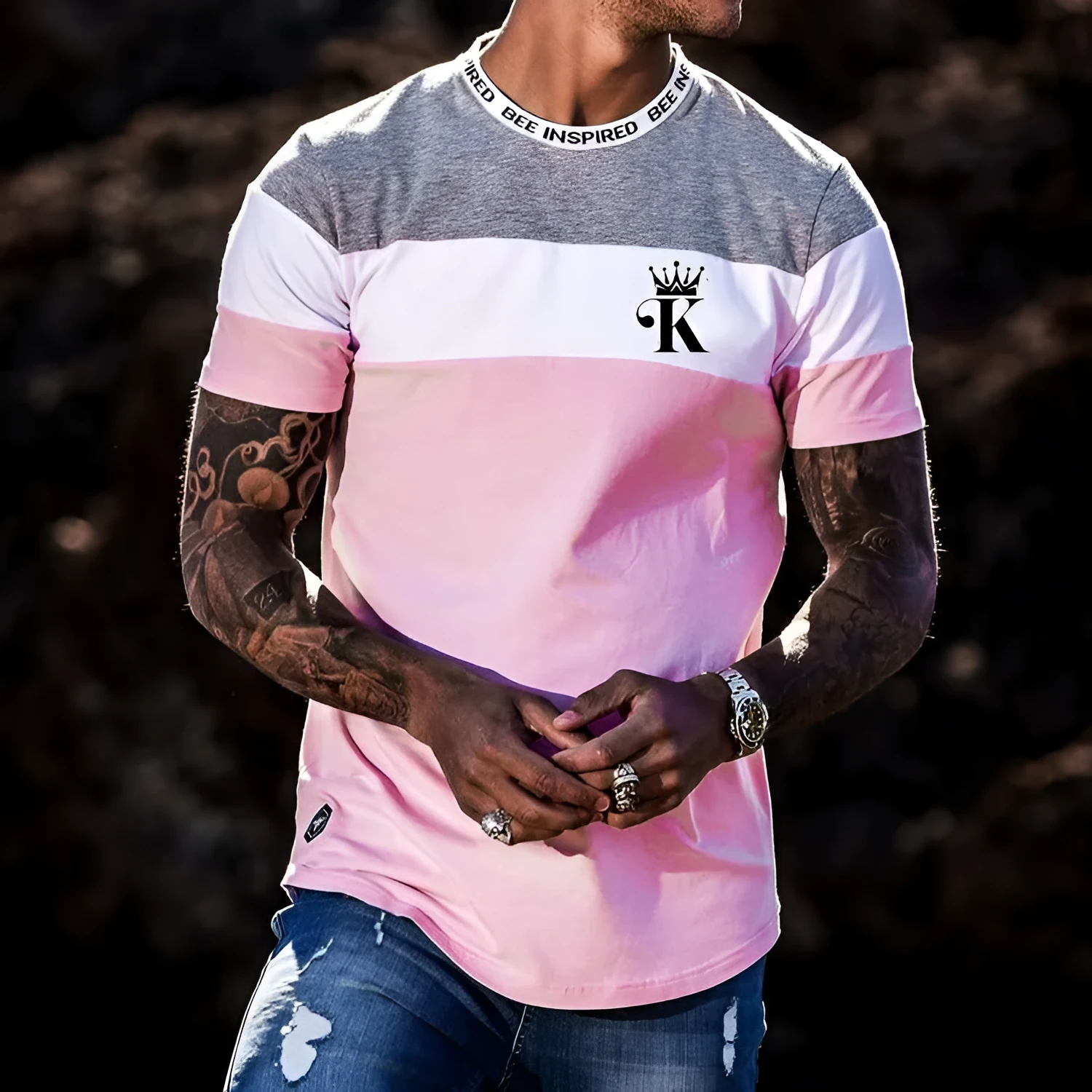 Casual round neck short sleeve digital printing top in apricot, slim fit polyester fabric