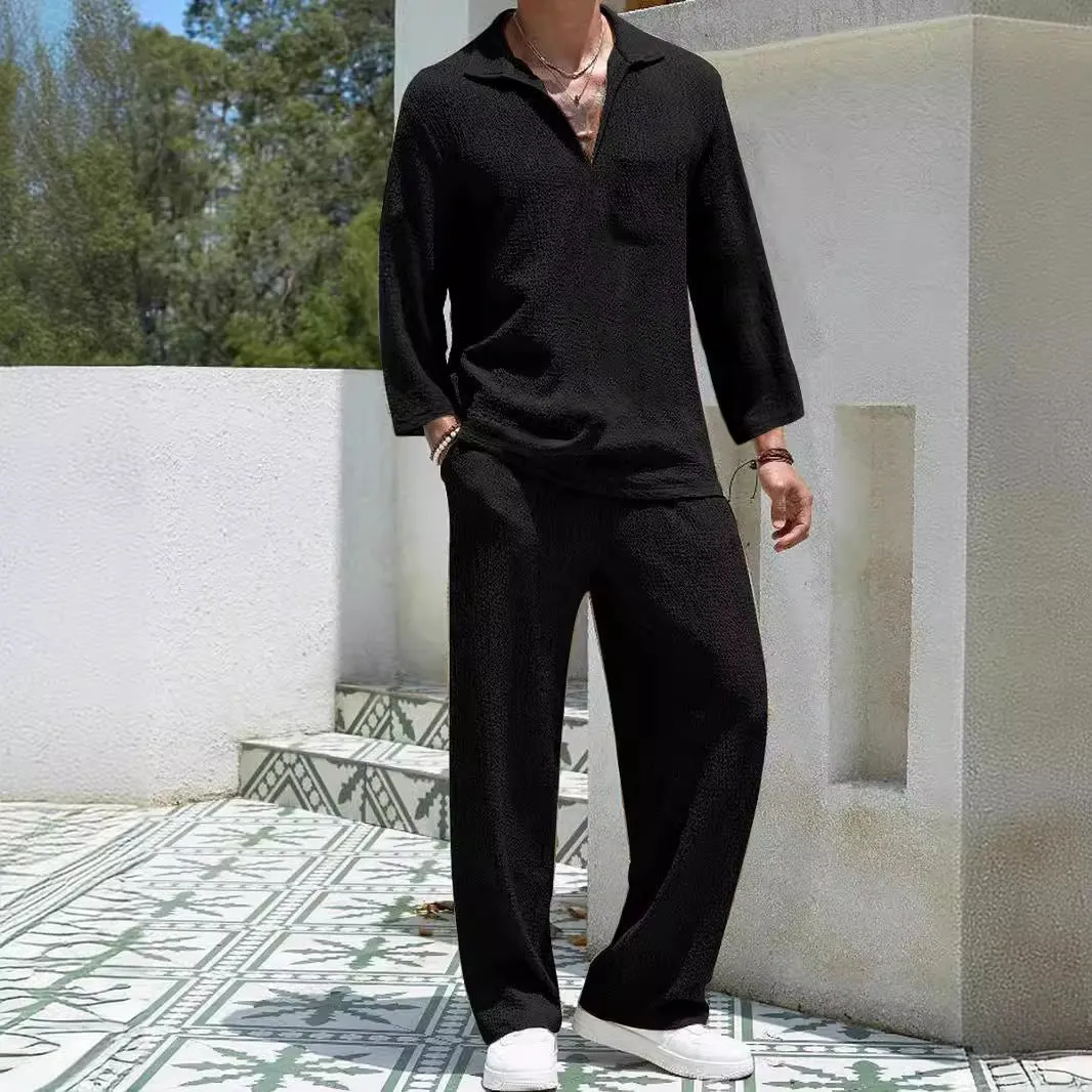 Men's casual shirt trousers suit in polyester, shown in lake blue, with shirt-style jacket and matching trousers.