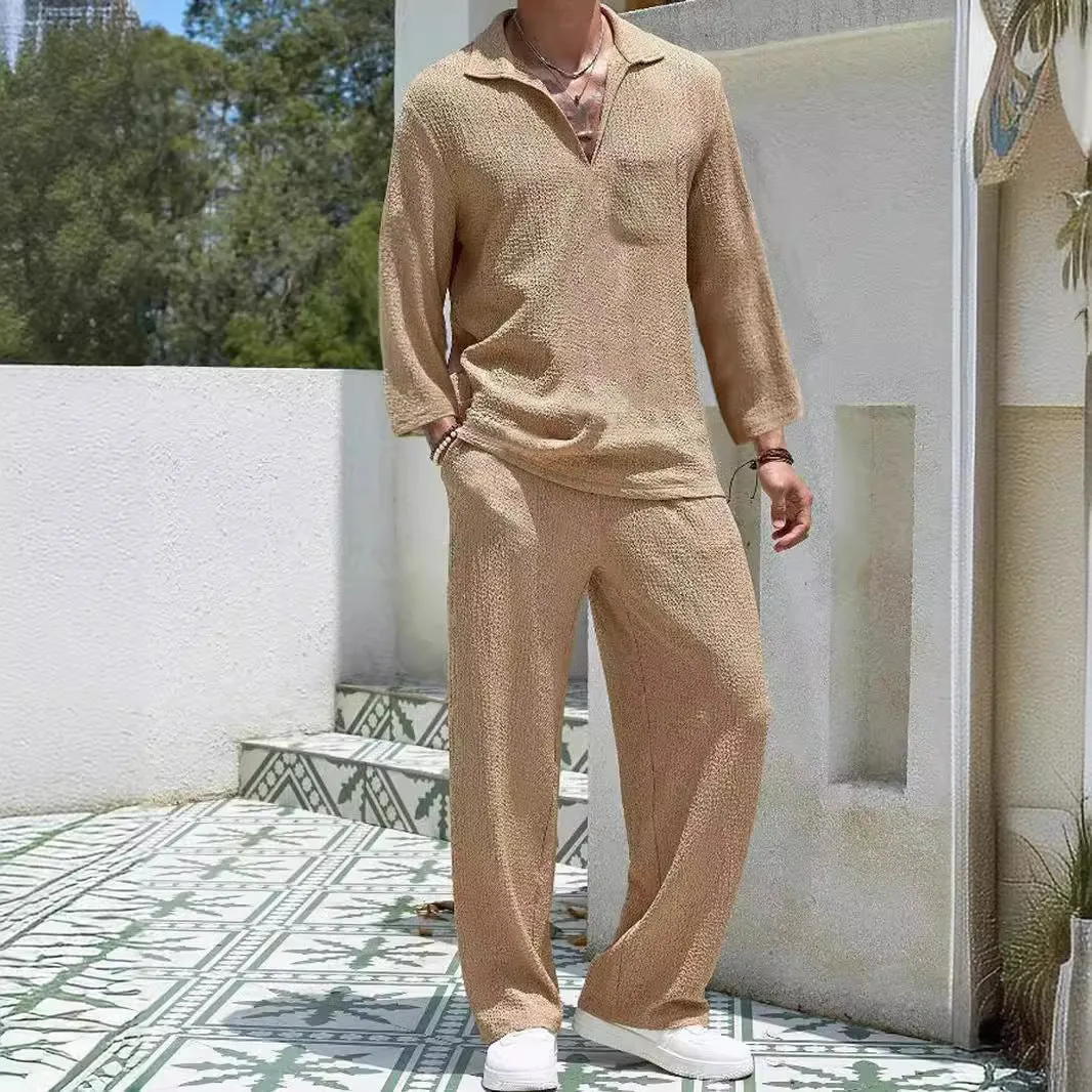 Men's casual shirt trousers suit in polyester, shown in lake blue, with shirt-style jacket and matching trousers.