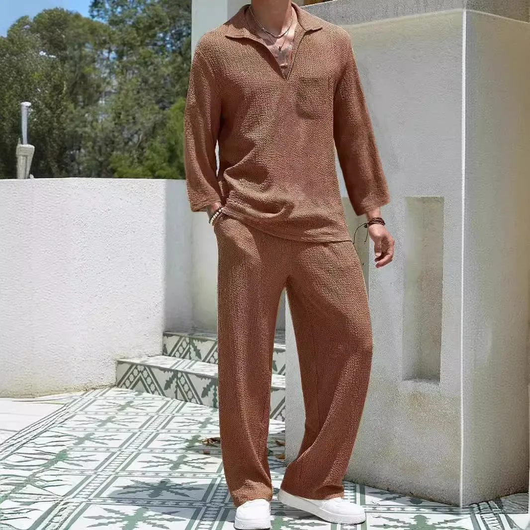 Men's casual shirt trousers suit in polyester, shown in lake blue, with shirt-style jacket and matching trousers.