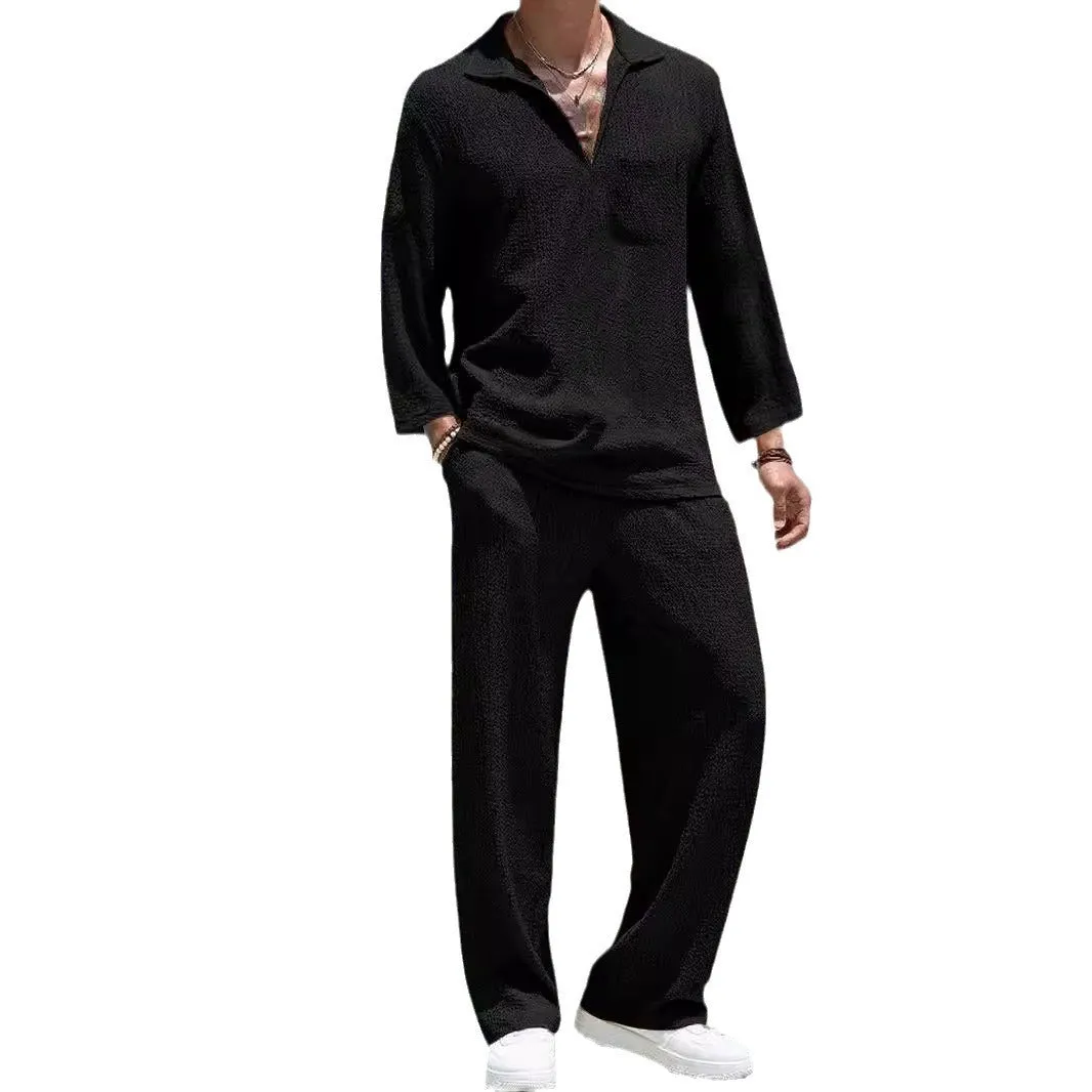 Men's casual shirt trousers suit in polyester, shown in lake blue, with shirt-style jacket and matching trousers.