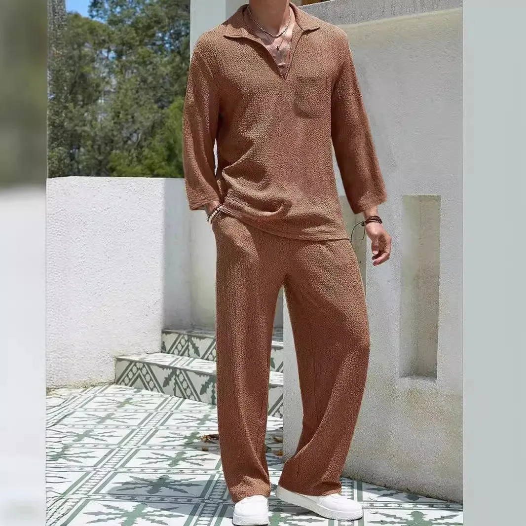 Men's casual shirt trousers suit in polyester, shown in lake blue, with shirt-style jacket and matching trousers.