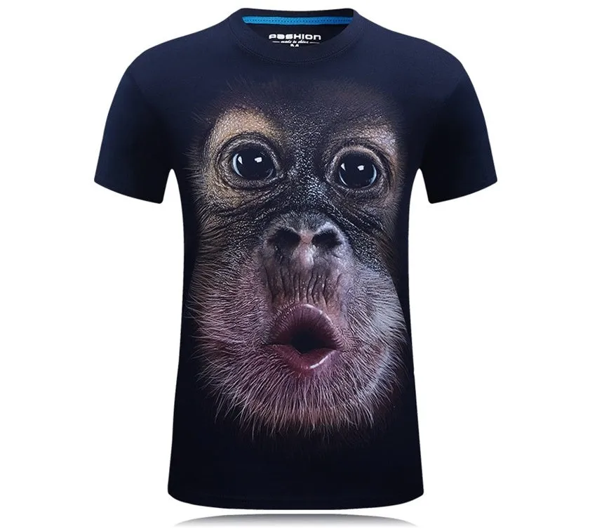 Men's short sleeve 3D gorilla print cotton t-shirt in black, straight fit, size M