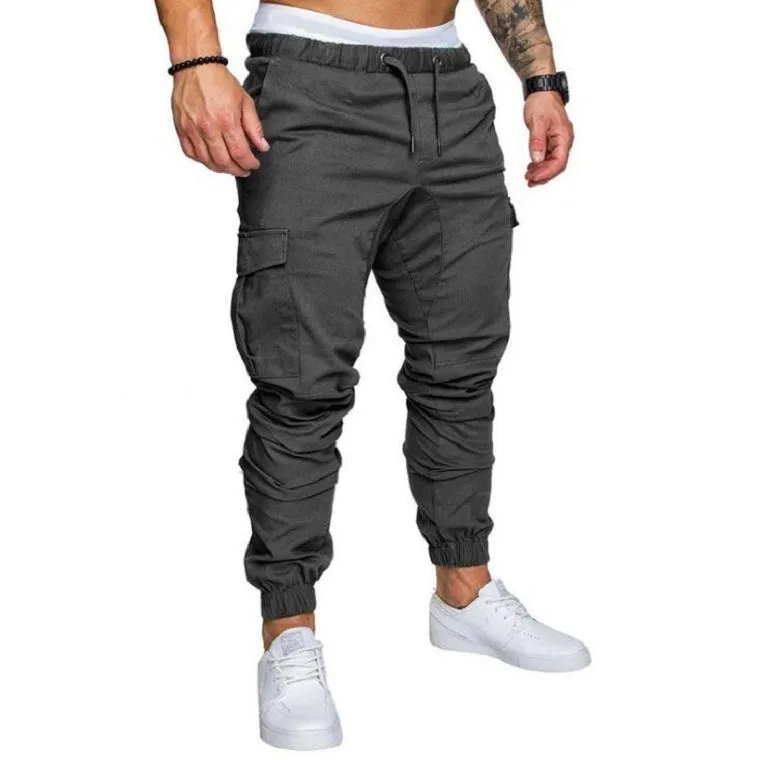 Men's woven fabric casual drawstring trousers in khaki, loose fit with pocket decoration, plain pattern