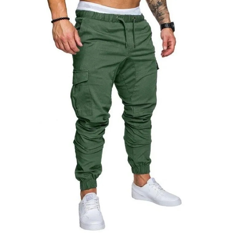 Men's woven fabric casual drawstring trousers in khaki, loose fit with pocket decoration, plain pattern