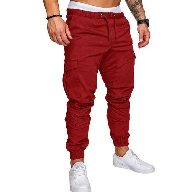 Men's woven fabric casual drawstring trousers in khaki, loose fit with pocket decoration, plain pattern