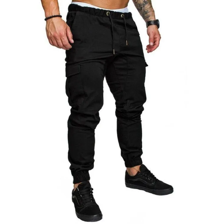 Men's woven fabric casual drawstring trousers in khaki, loose fit with pocket decoration, plain pattern