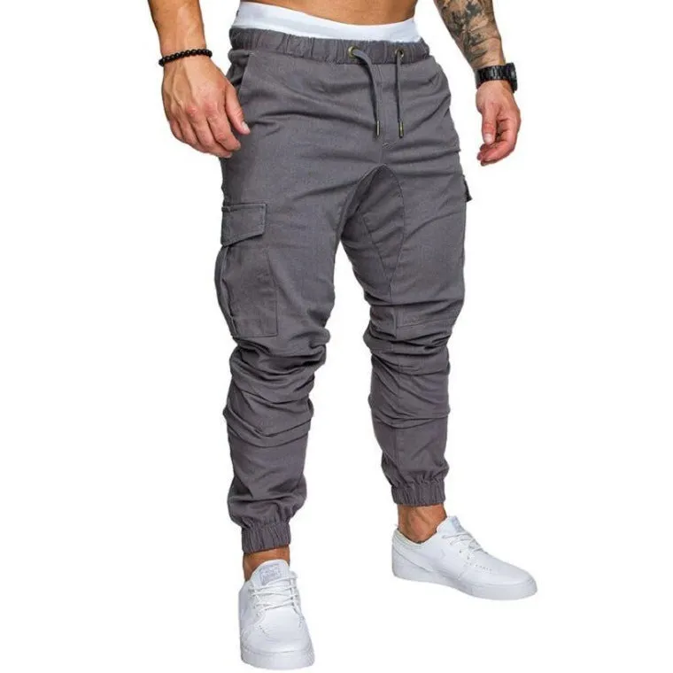 Men's woven fabric casual drawstring trousers in khaki, loose fit with pocket decoration, plain pattern