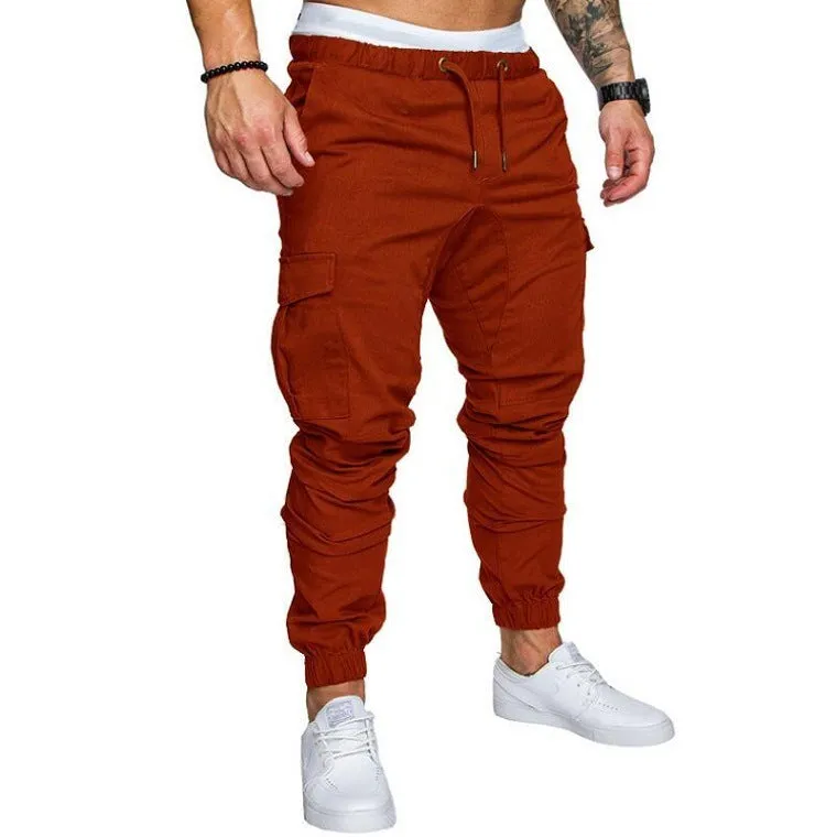 Men's woven fabric casual drawstring trousers in khaki, loose fit with pocket decoration, plain pattern
