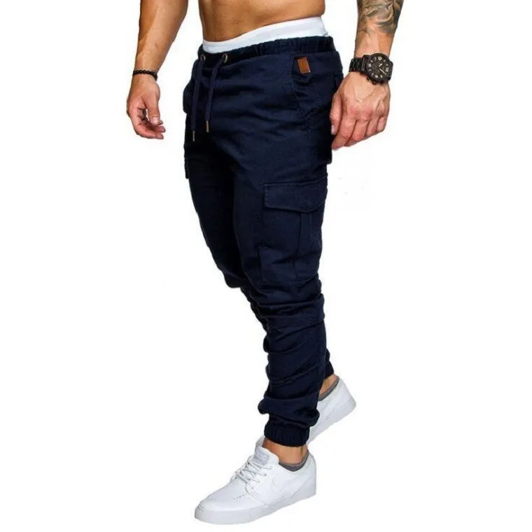 Men's woven fabric casual drawstring trousers in khaki, loose fit with pocket decoration, plain pattern