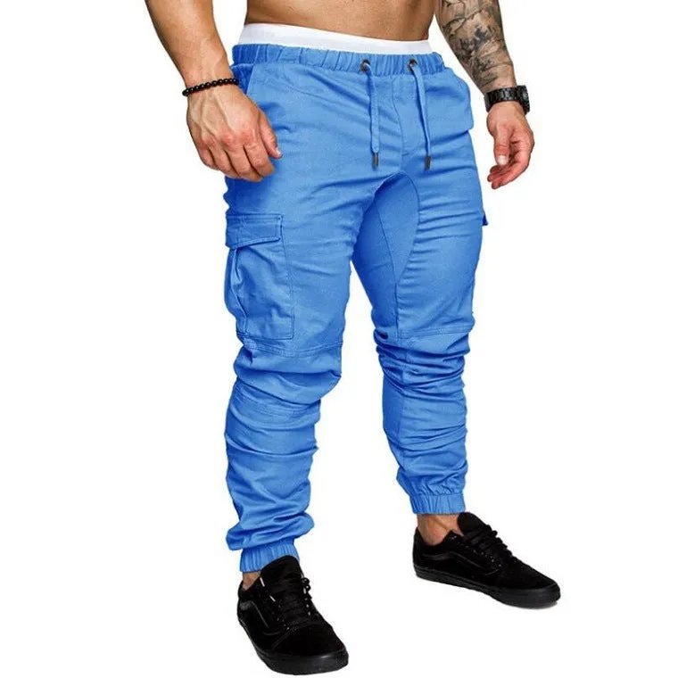 Men's woven fabric casual drawstring trousers in khaki, loose fit with pocket decoration, plain pattern