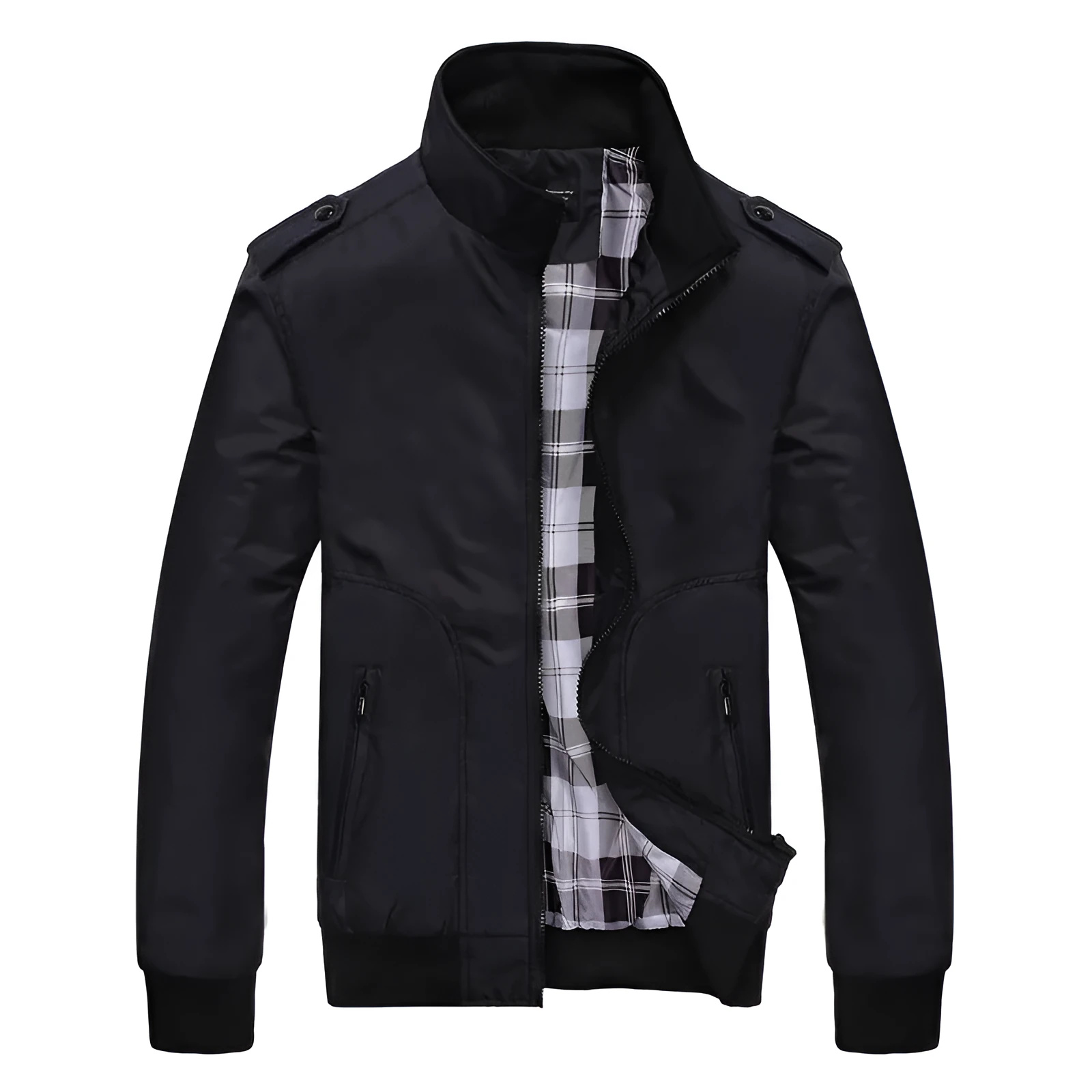 Men's casual jacket with stand-up collar, zipper front, and ribbed hem in five colour options