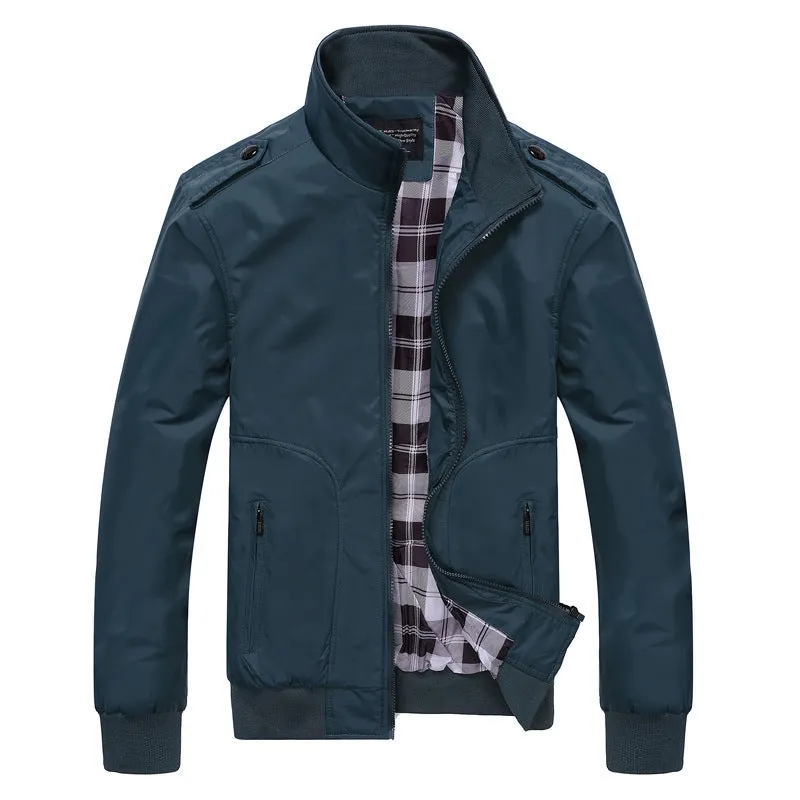 Men's casual jacket with stand-up collar, zipper front, and ribbed hem in five colour options