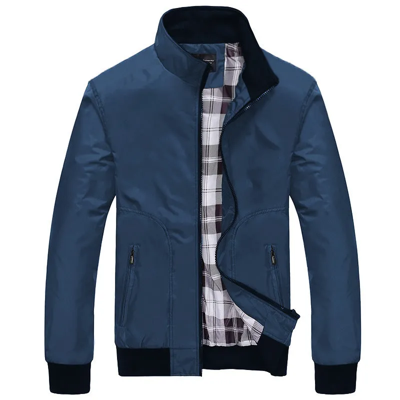 Men's casual jacket with stand-up collar, zipper front, and ribbed hem in five colour options