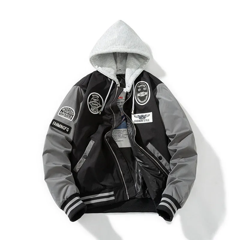 Men's thick loose pilot cotton-padded coat in black hood style polyester fabric winter outerwear