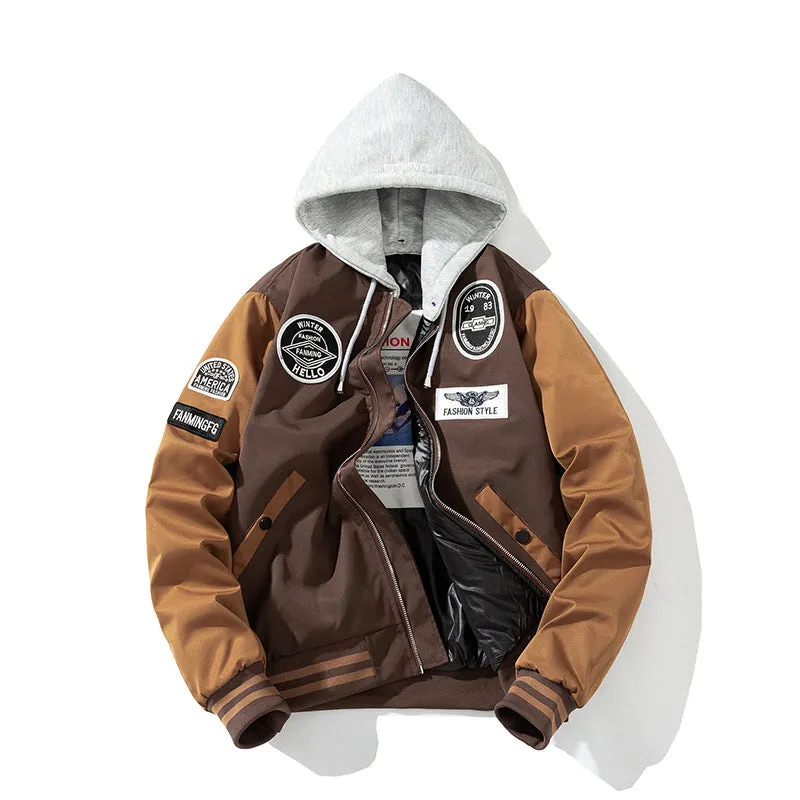 Men's thick loose pilot cotton-padded coat in black hood style polyester fabric winter outerwear