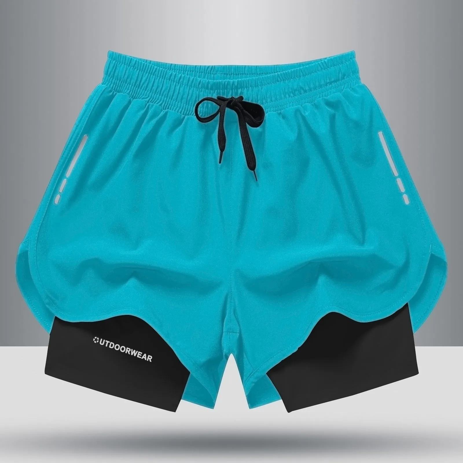 Men's double layer quick dry sports shorts with spandex liner, polyester outer, elastic waistband, available in gray, black, blue, black and white sizes M to 6XL