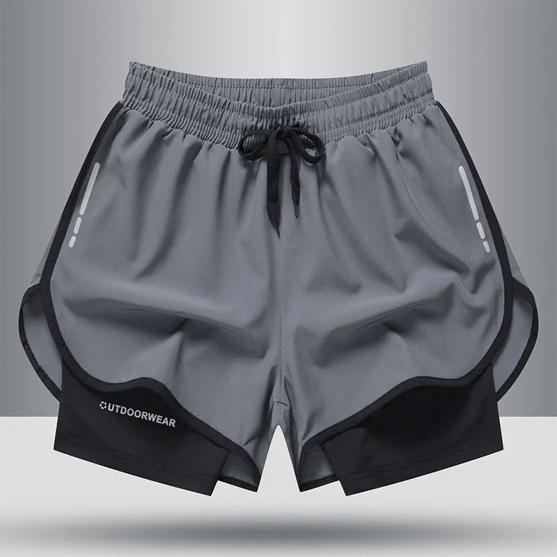Men's double layer quick dry sports shorts with spandex liner, polyester outer, elastic waistband, available in gray, black, blue, black and white sizes M to 6XL