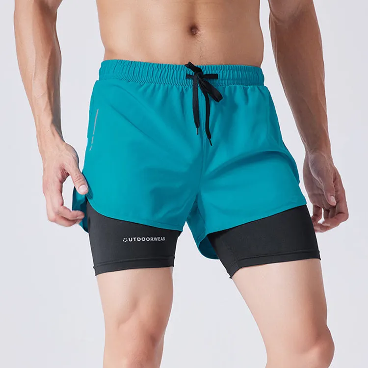 Men's double layer quick dry sports shorts with spandex liner, polyester outer, elastic waistband, available in gray, black, blue, black and white sizes M to 6XL