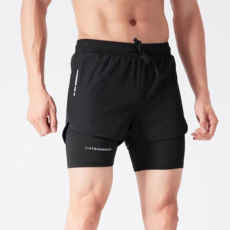 Men's double layer quick dry sports shorts with spandex liner, polyester outer, elastic waistband, available in gray, black, blue, black and white sizes M to 6XL