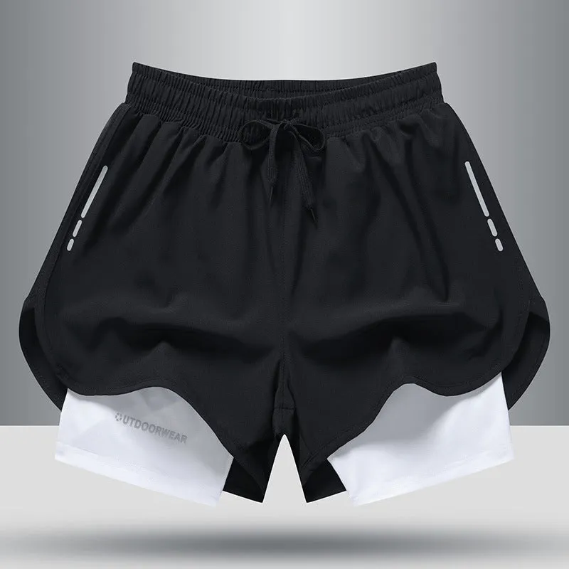 Men's double layer quick dry sports shorts with spandex liner, polyester outer, elastic waistband, available in gray, black, blue, black and white sizes M to 6XL