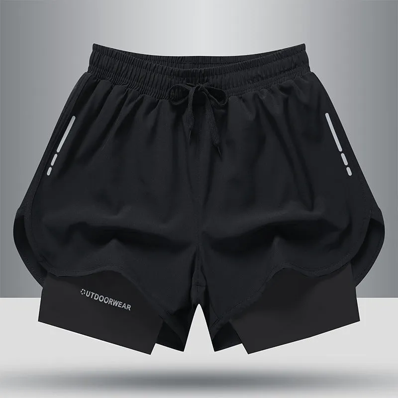 Men's double layer quick dry sports shorts with spandex liner, polyester outer, elastic waistband, available in gray, black, blue, black and white sizes M to 6XL