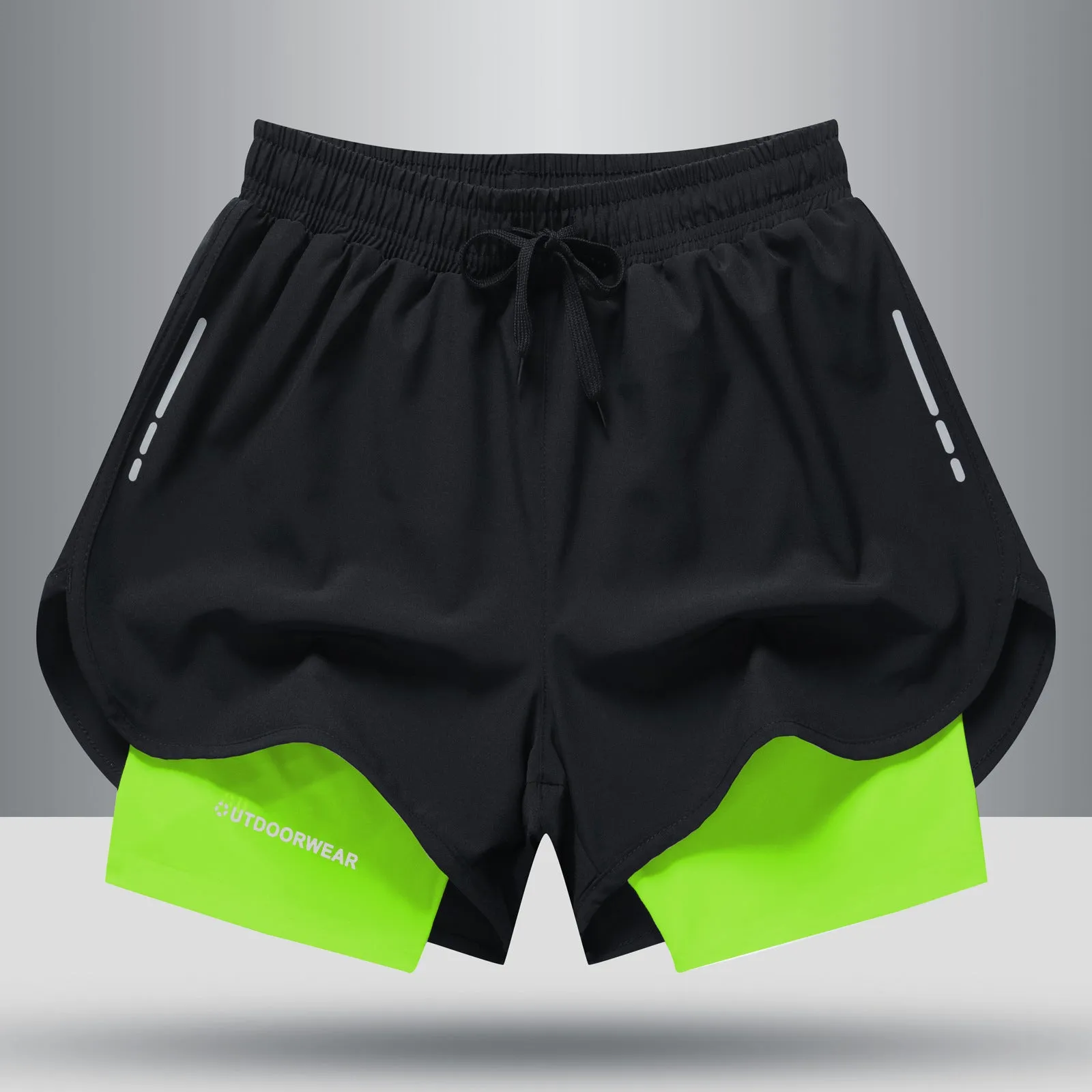 Men's double layer quick dry sports shorts with spandex liner, polyester outer, elastic waistband, available in gray, black, blue, black and white sizes M to 6XL