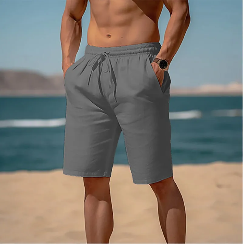 Men's cotton linen drawstring summer shorts with elastic waist and straight leg in solid colour