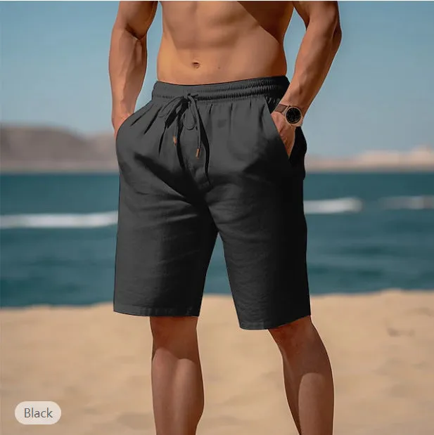 Men's cotton linen drawstring summer shorts with elastic waist and straight leg in solid colour