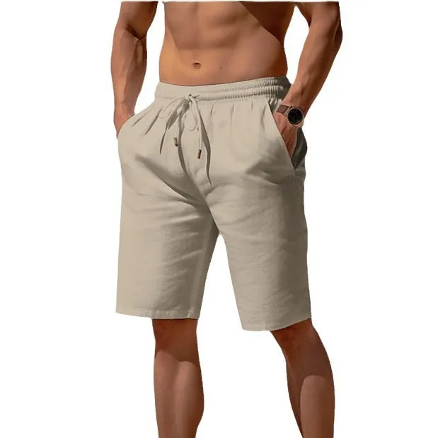 Men's cotton linen drawstring summer shorts with elastic waist and straight leg in solid colour