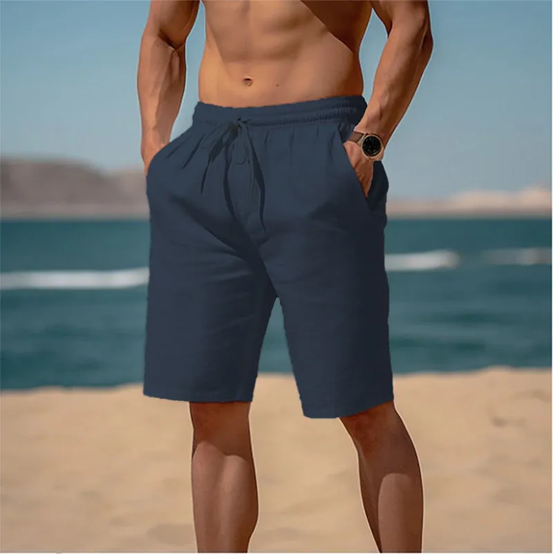 Men's cotton linen drawstring summer shorts with elastic waist and straight leg in solid colour