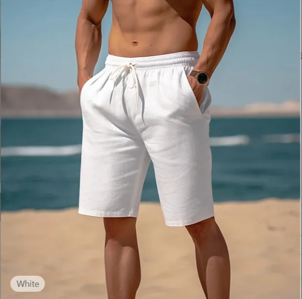 Men's cotton linen drawstring summer shorts with elastic waist and straight leg in solid colour