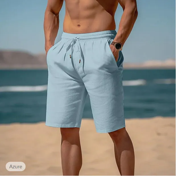 Men's cotton linen drawstring summer shorts with elastic waist and straight leg in solid colour