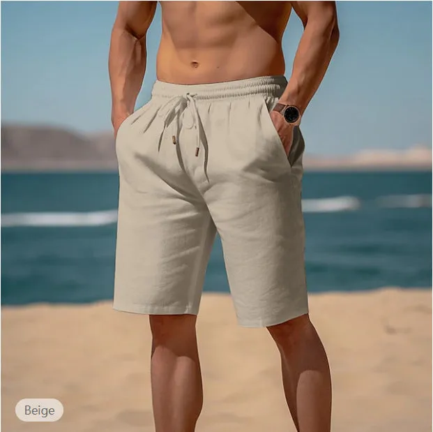 Men's cotton linen drawstring summer shorts with elastic waist and straight leg in solid colour