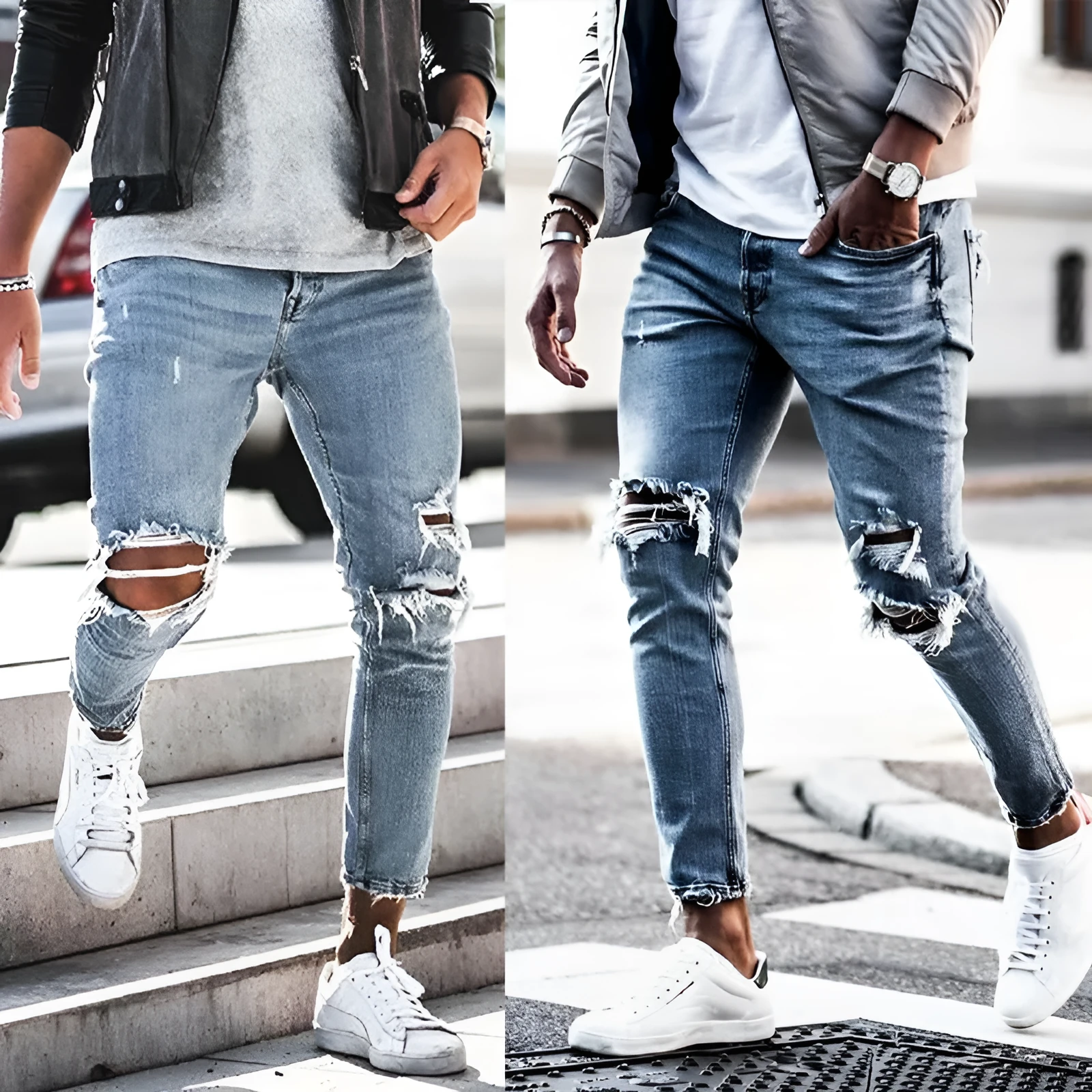 Men's light blue straight fit jeans with worn and embroidered detailing, five-point length, mid-rise waist