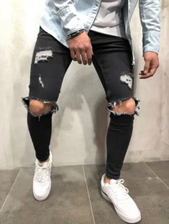 Men's light blue straight fit jeans with worn and embroidered detailing, five-point length, mid-rise waist