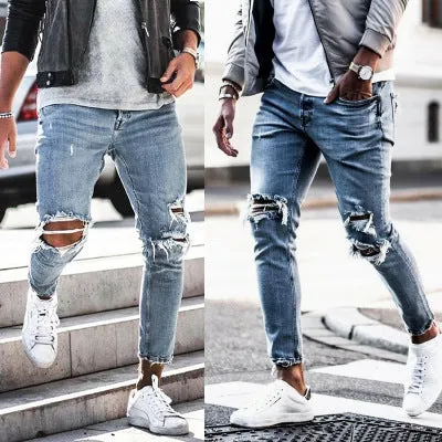 Men's light blue straight fit jeans with worn and embroidered detailing, five-point length, mid-rise waist