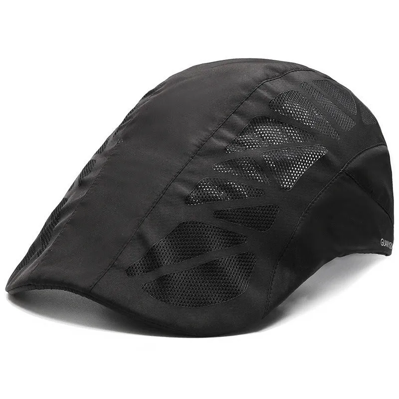 Adjustable mesh beret hat in grey with geometric pattern, curly brim, and dome top for summer sun protection