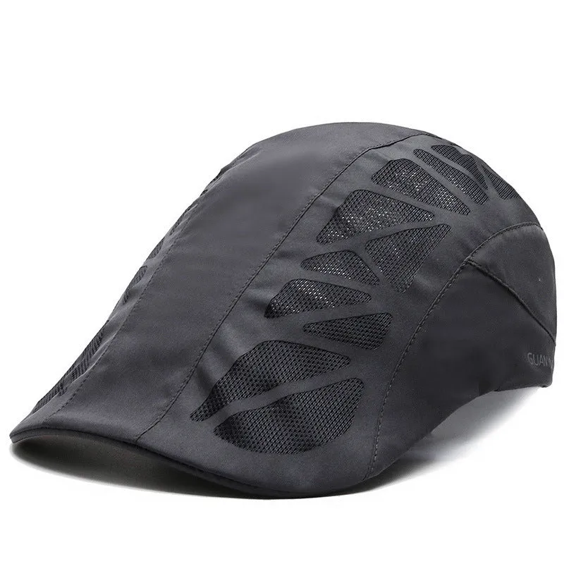 Adjustable mesh beret hat in grey with geometric pattern, curly brim, and dome top for summer sun protection