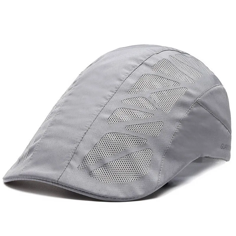 Adjustable mesh beret hat in grey with geometric pattern, curly brim, and dome top for summer sun protection