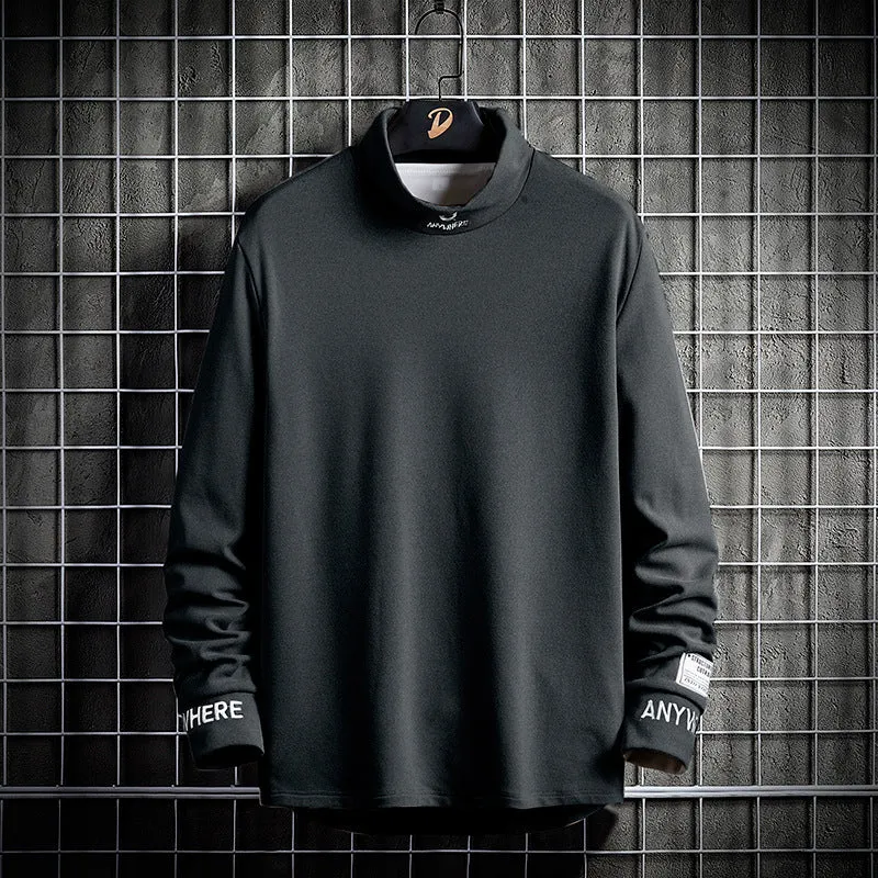 Mens long sleeved high collar polyester casual shirt in grey, embroidery detail, autumn winter