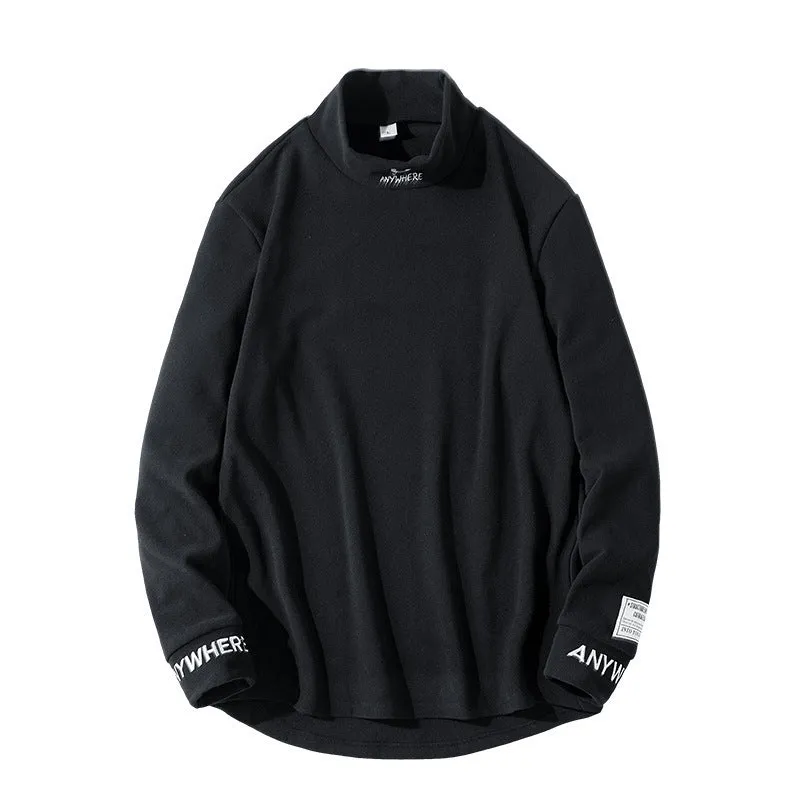 Mens long sleeved high collar polyester casual shirt in grey, embroidery detail, autumn winter