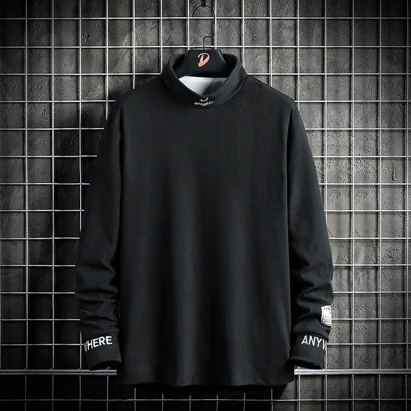 Mens long sleeved high collar polyester casual shirt in grey, embroidery detail, autumn winter