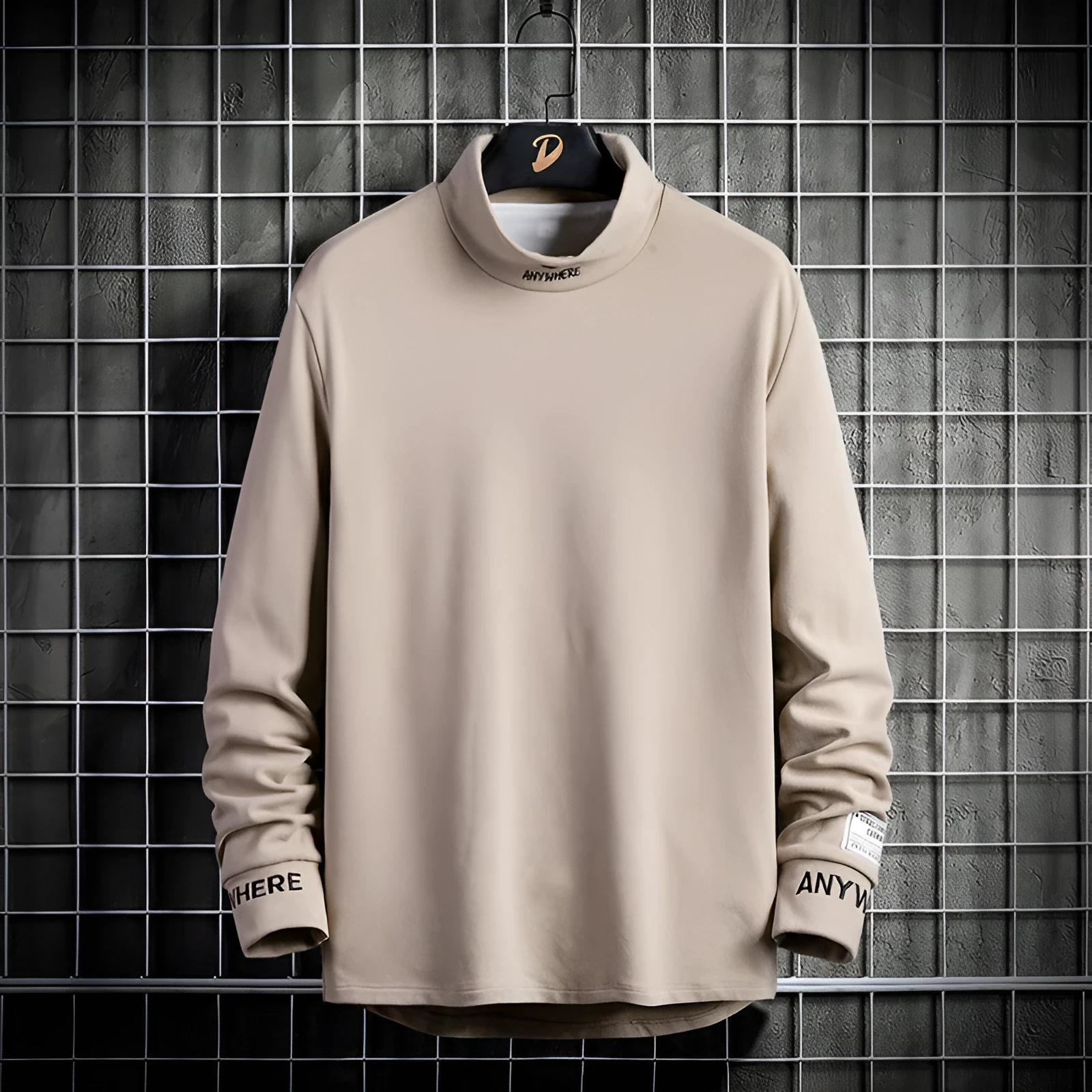 Mens long sleeved high collar polyester casual shirt in grey, embroidery detail, autumn winter