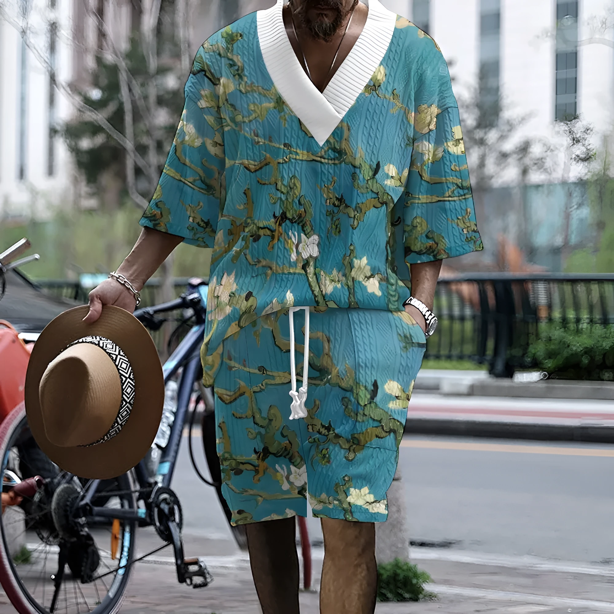 3D printed peacock blue men's knitted casual suit set with t-shirt and mid-length shorts