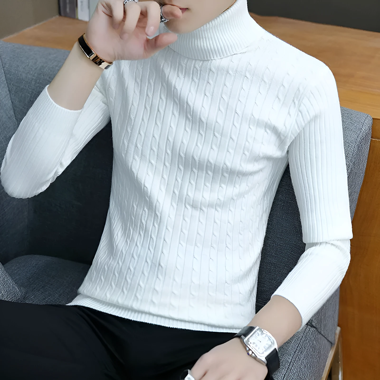 Men's slim-fit high neck long sleeve sweater in cotton blend viscose, available in 12 colours