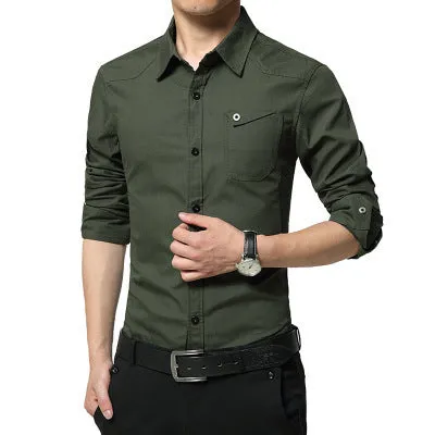 Spring men's pure cotton Oxford spun long sleeve shirt in khaki, Korean style, with button front