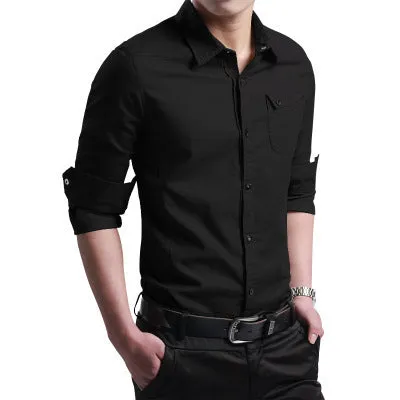 Spring men's pure cotton Oxford spun long sleeve shirt in khaki, Korean style, with button front