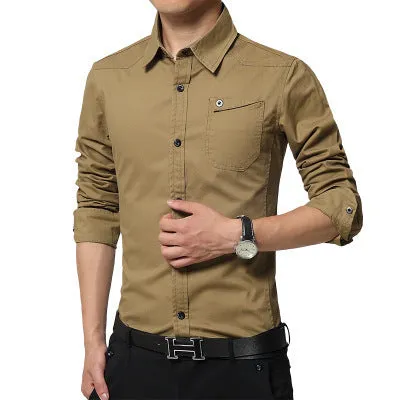 Spring men's pure cotton Oxford spun long sleeve shirt in khaki, Korean style, with button front