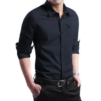 Spring men's pure cotton Oxford spun long sleeve shirt in khaki, Korean style, with button front